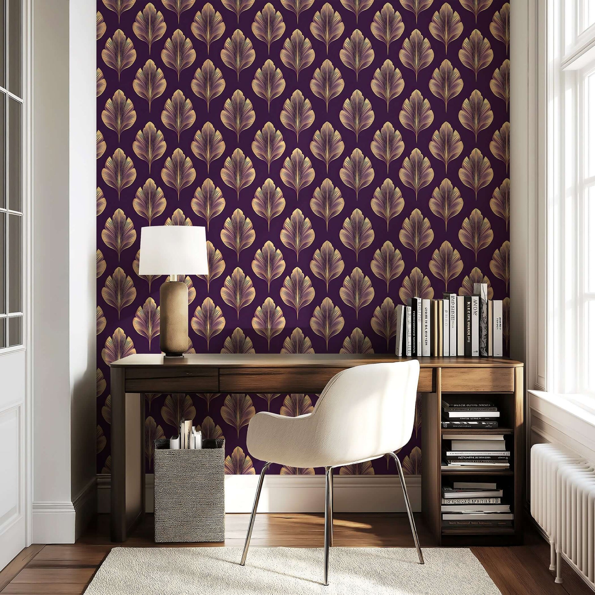 Elegant golden leaf Art Nouveau wallpaper on a plum background, styled with modern decor, enhancing luxury and warmth.
