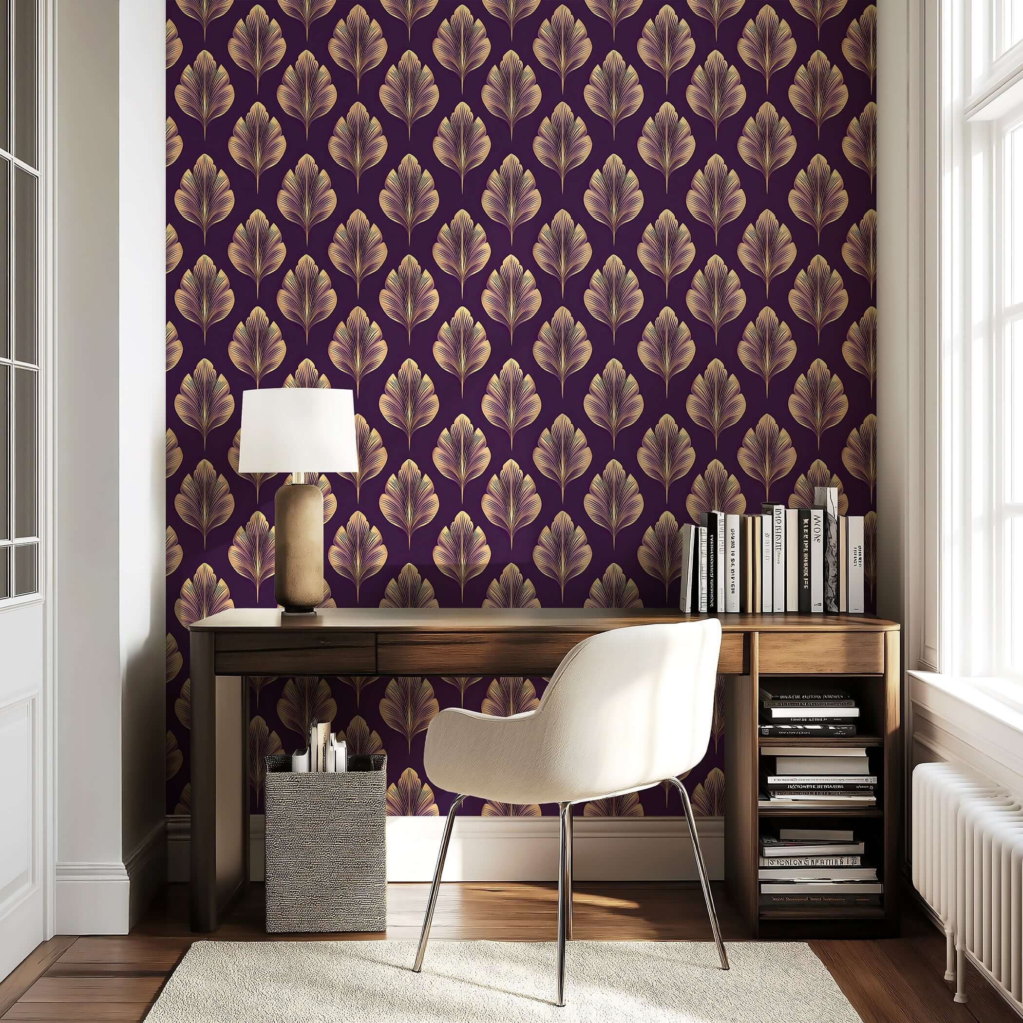 Elegant golden leaf Art Nouveau wallpaper on a plum background, styled with modern decor, enhancing luxury and warmth.