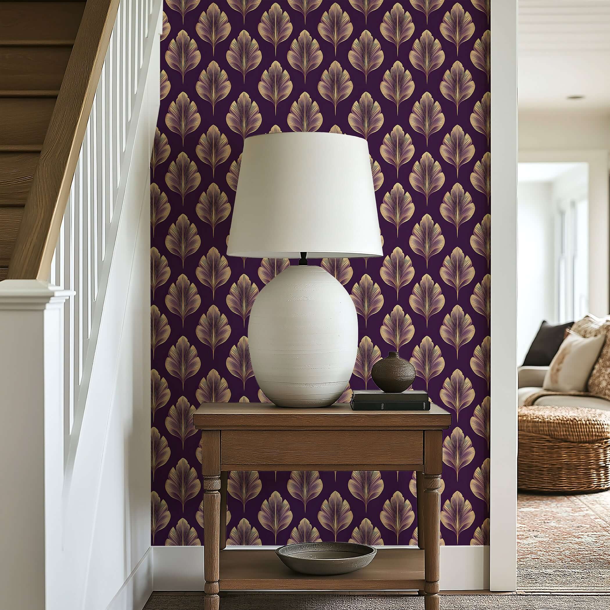 Golden Luxe Leaf wallpaper with Art Nouveau floral design in gold on plum, enhancing modern interiors with luxury and warmth.