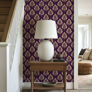 Golden Luxe Leaf wallpaper with Art Nouveau floral design in gold on plum, enhancing modern interiors with luxury and warmth.