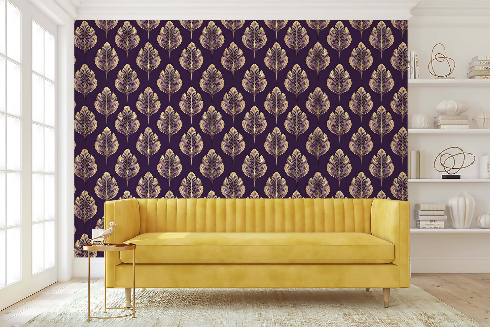 Golden Luxe Leaf wallpaper featuring art nouveau florals on a plum background, enhancing modern design with opulent leaves.