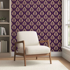Golden Luxe Leaf Wallpaper with golden leaves on plum background, modern Art Nouveau florals, perfect for upscale interior design.