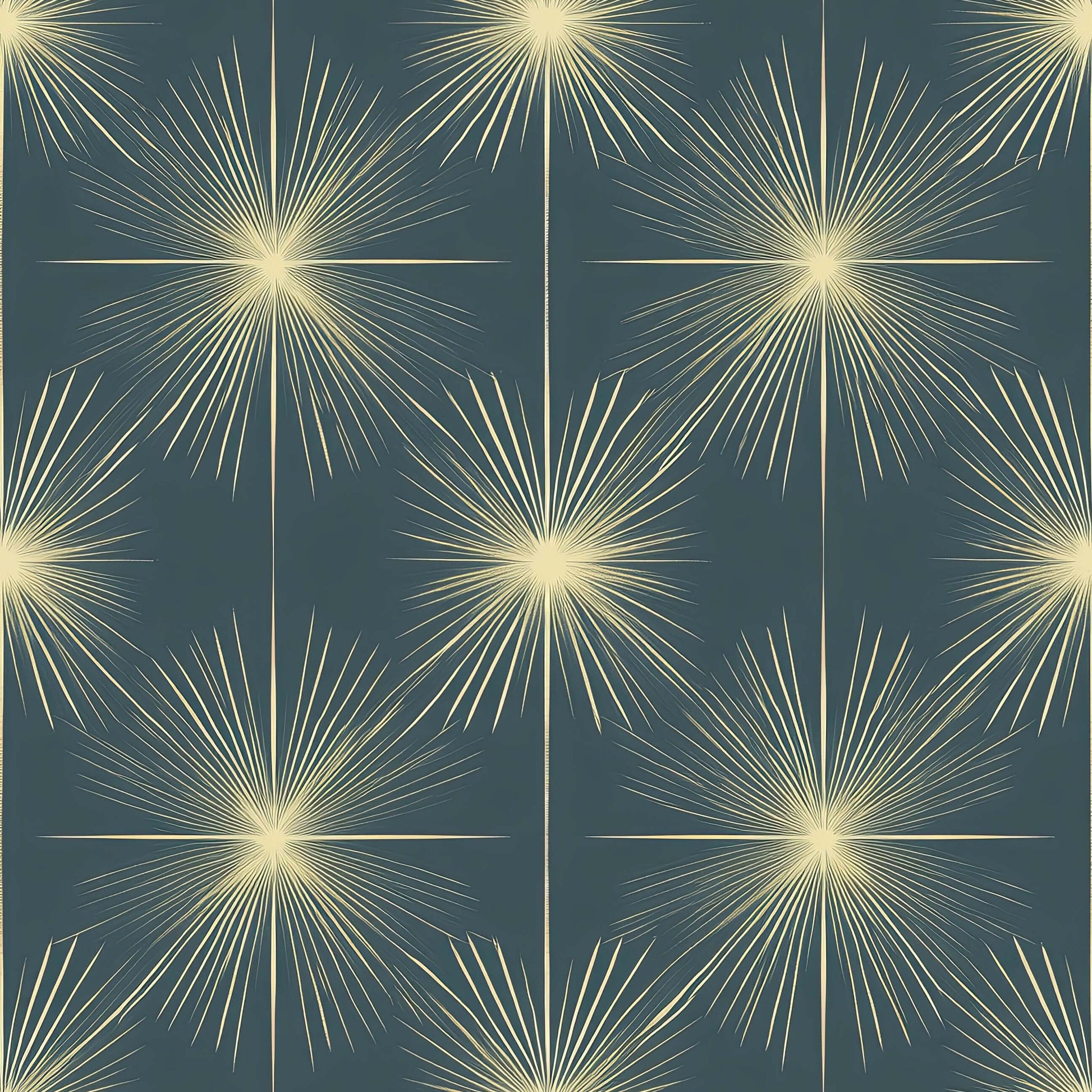Celestial Gold Sparkle wallpaper with golden starbursts on teal-blue background. Mid-Century Modern, Retro, elegant Art Deco design.