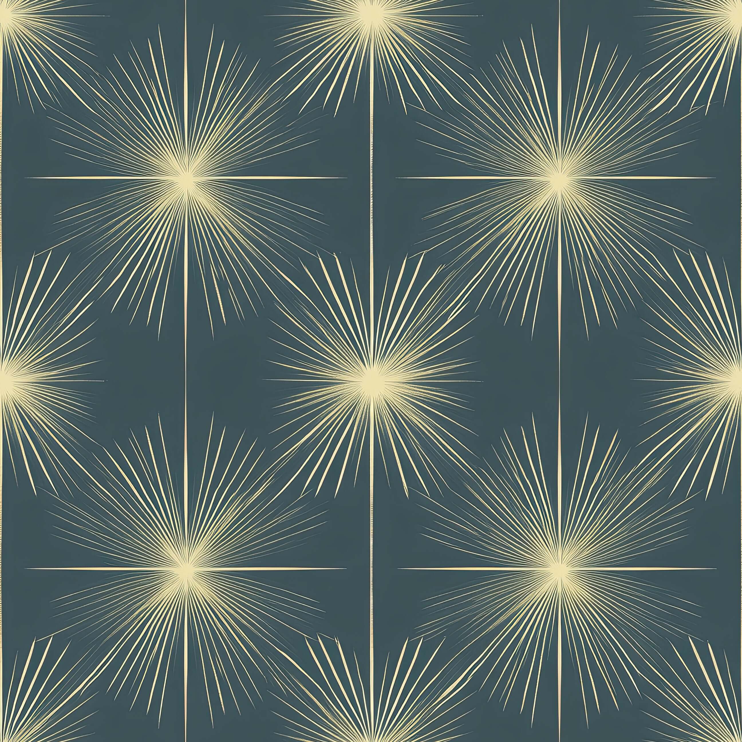 Celestial Gold Sparkle wallpaper with golden starbursts on teal-blue background. Mid-Century Modern, Retro, elegant Art Deco design.