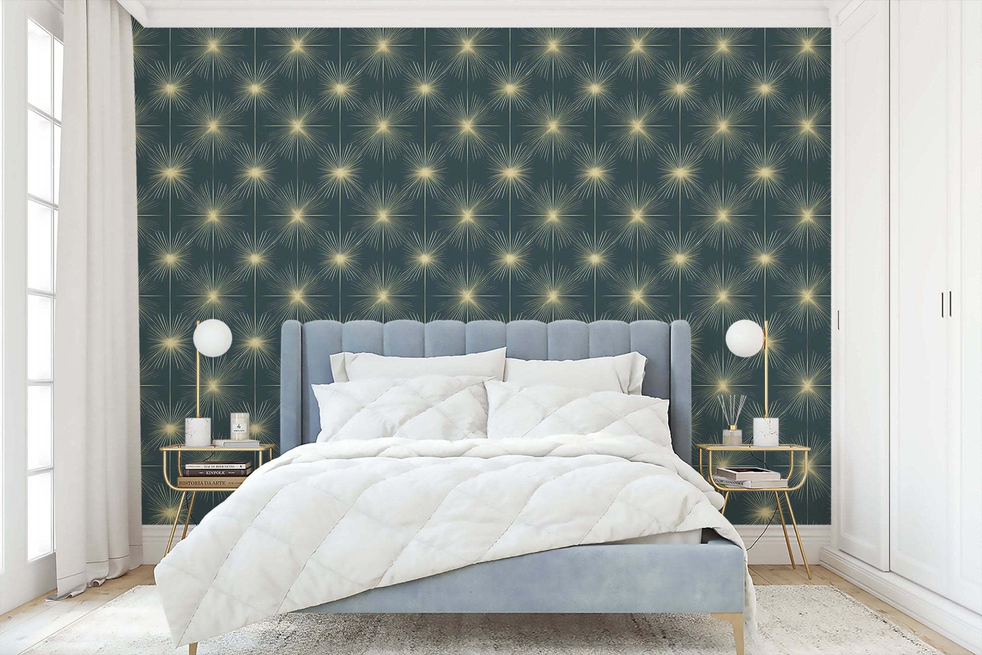 Celestial Gold Sparkle wallpaper in bedroom with mid-century modern decor, featuring golden starbursts on teal-blue background.