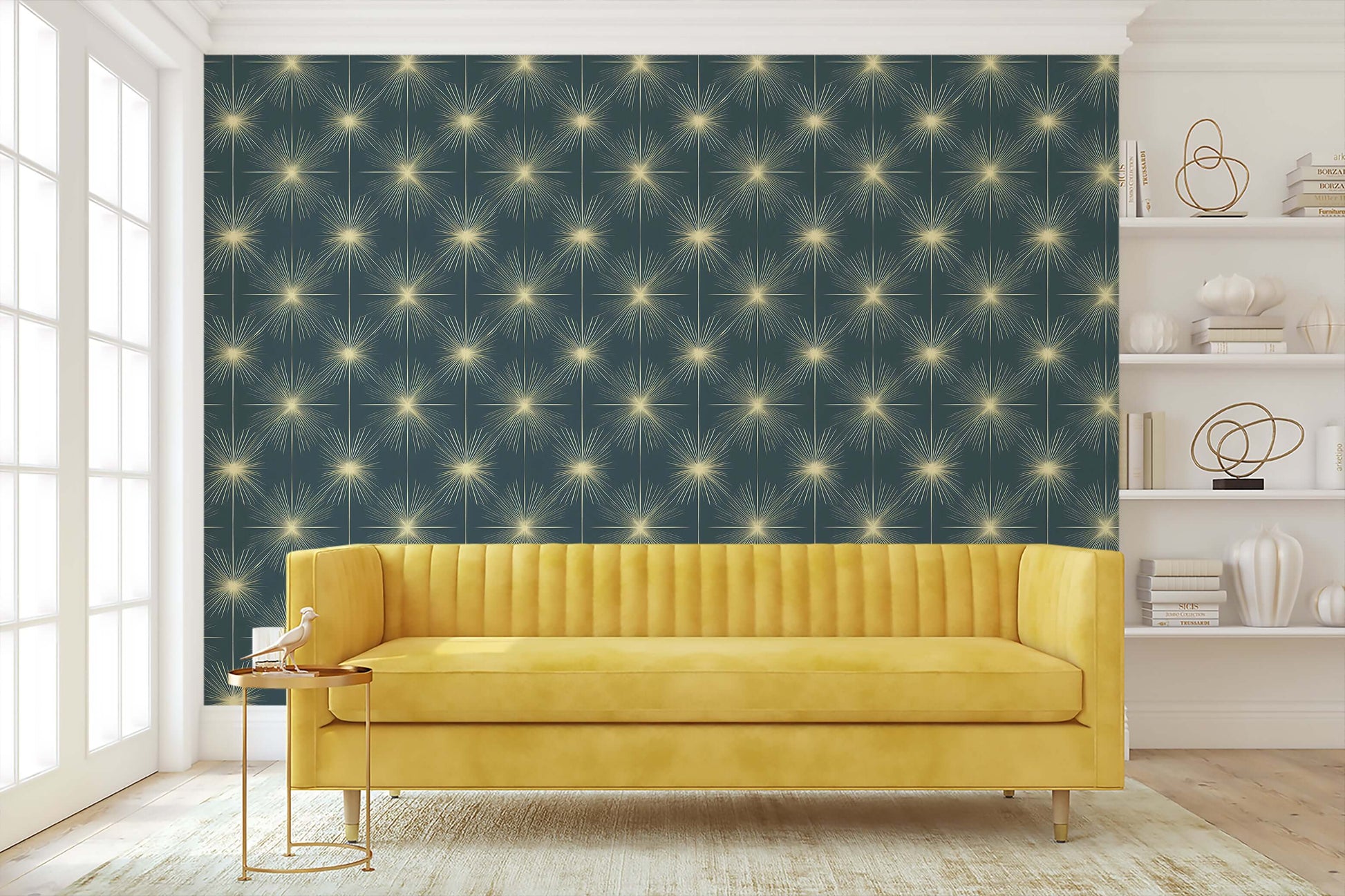 Celestial Gold Sparkle wallpaper with golden starbursts on teal-blue background, modern Art Deco, perfect for Mid-Century Modern decor.
