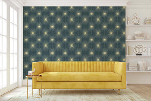 Celestial Gold Sparkle wallpaper with golden starbursts on teal-blue background, modern Art Deco, perfect for Mid-Century Modern decor.
