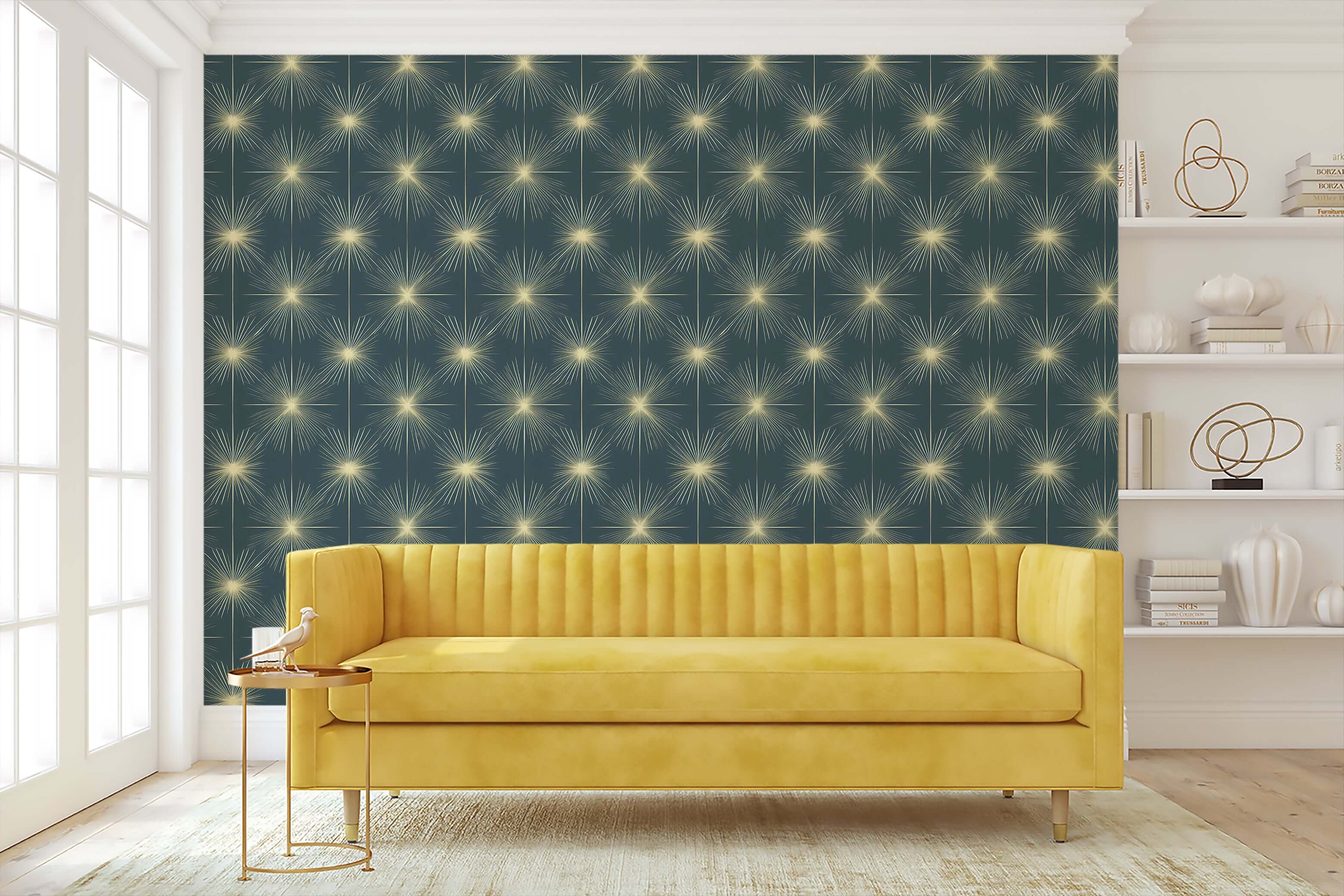 Celestial Gold Sparkle wallpaper with golden starbursts on teal-blue background, modern Art Deco, perfect for Mid-Century Modern decor.