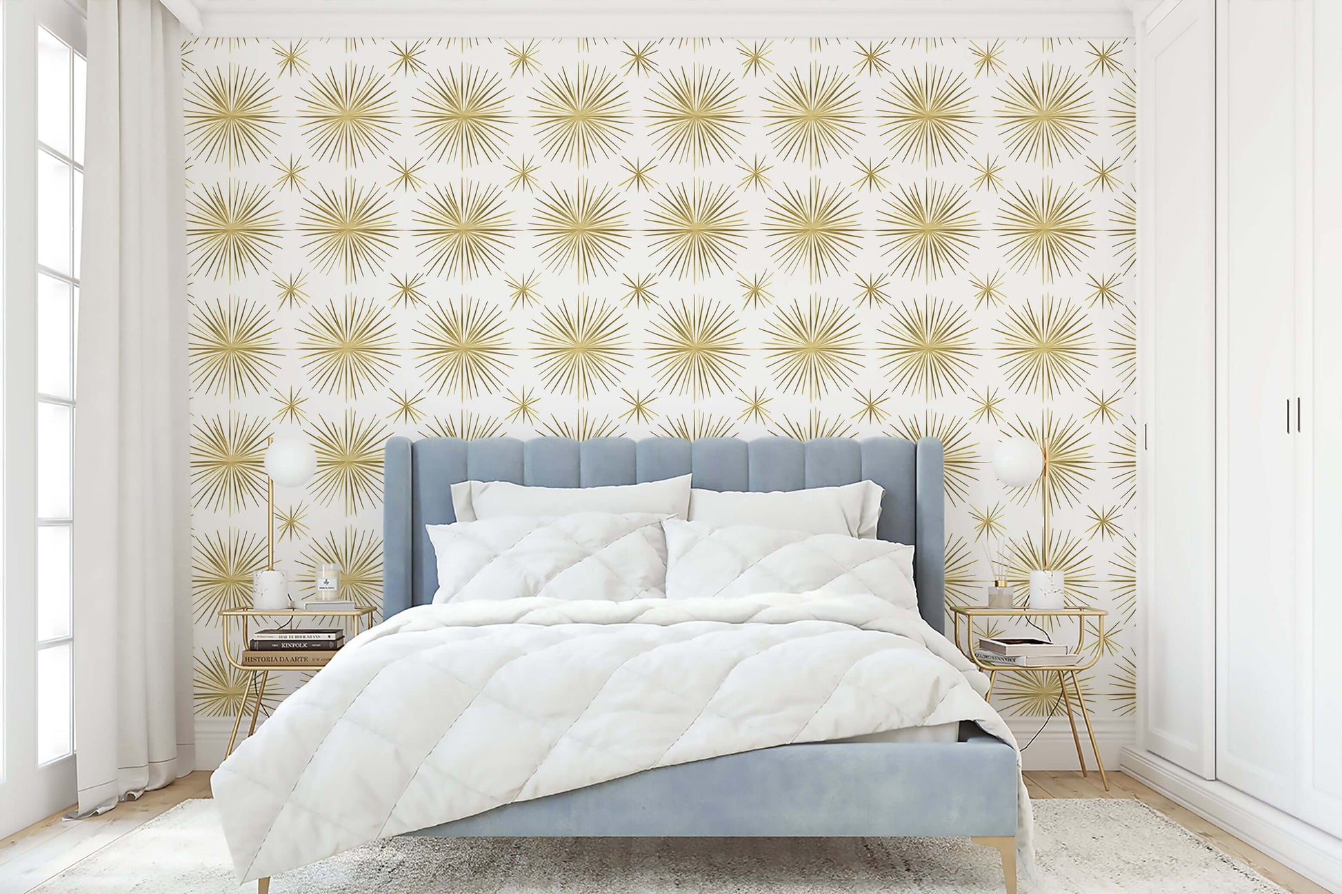 Vintage Gold Star Wallpaper featuring a mid-century modern retro gold starburst pattern on a white background in a stylish bedroom.