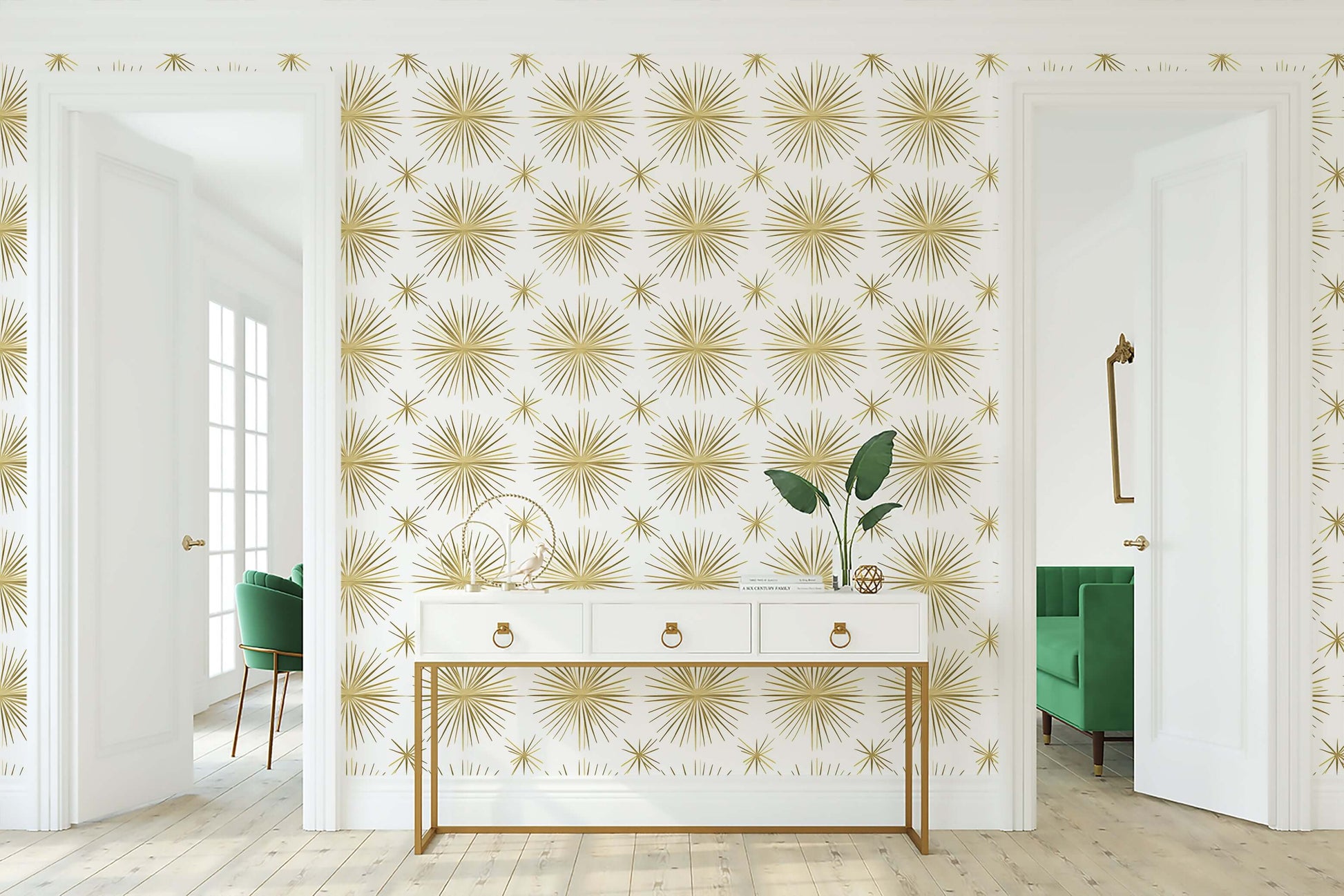 Vintage Gold Star wallpaper with mid-century modern design featuring retro gold starburst on white, perfect for elegant interiors.