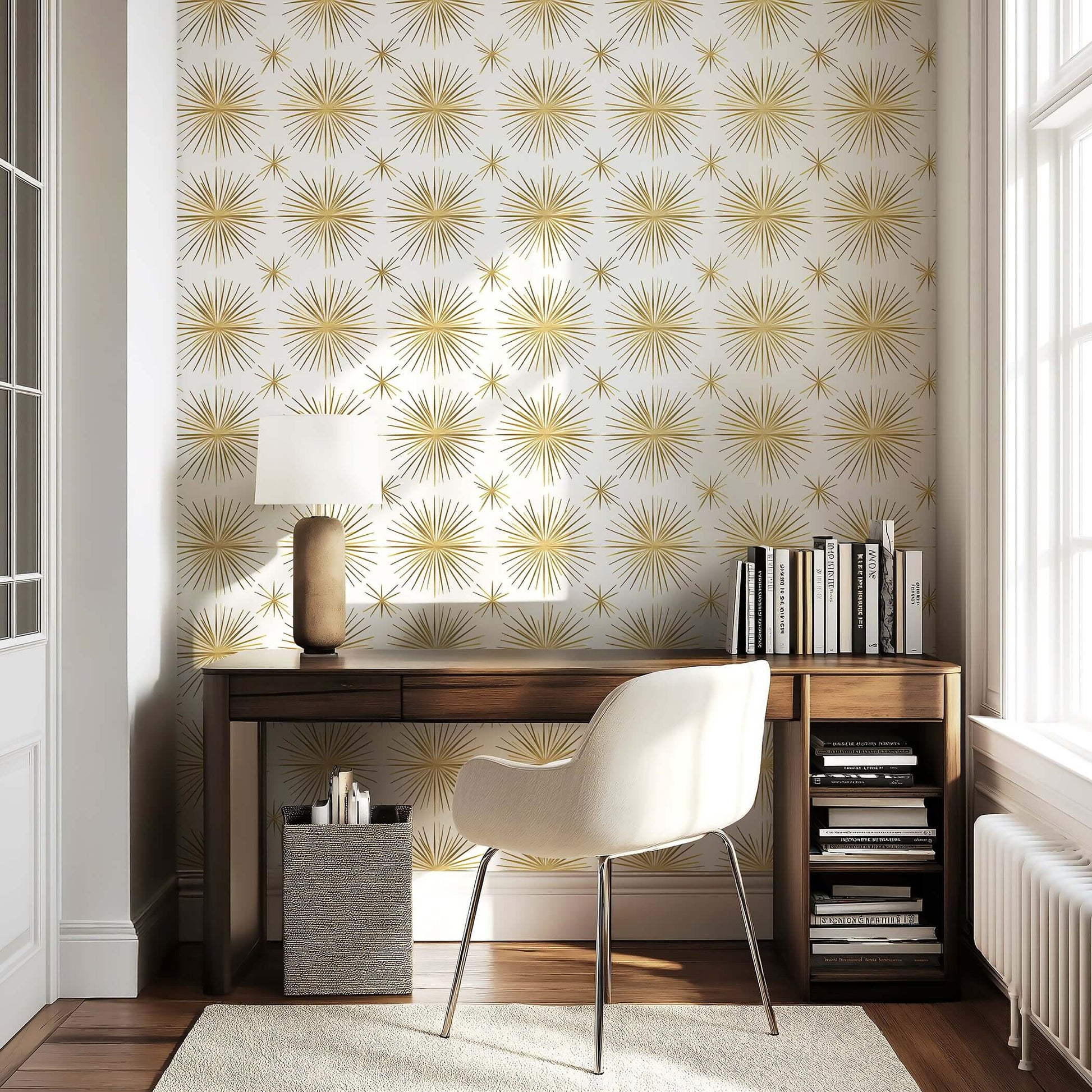 Mid-Century Modern Vintage Gold Star wallpaper with retro starburst pattern in a chic living space.