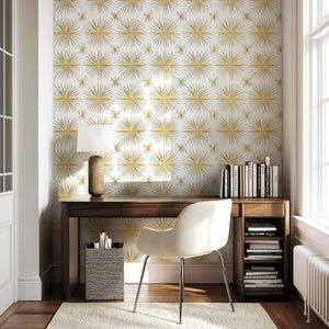 Mid-Century Modern Vintage Gold Star wallpaper with retro starburst pattern in a chic living space.
