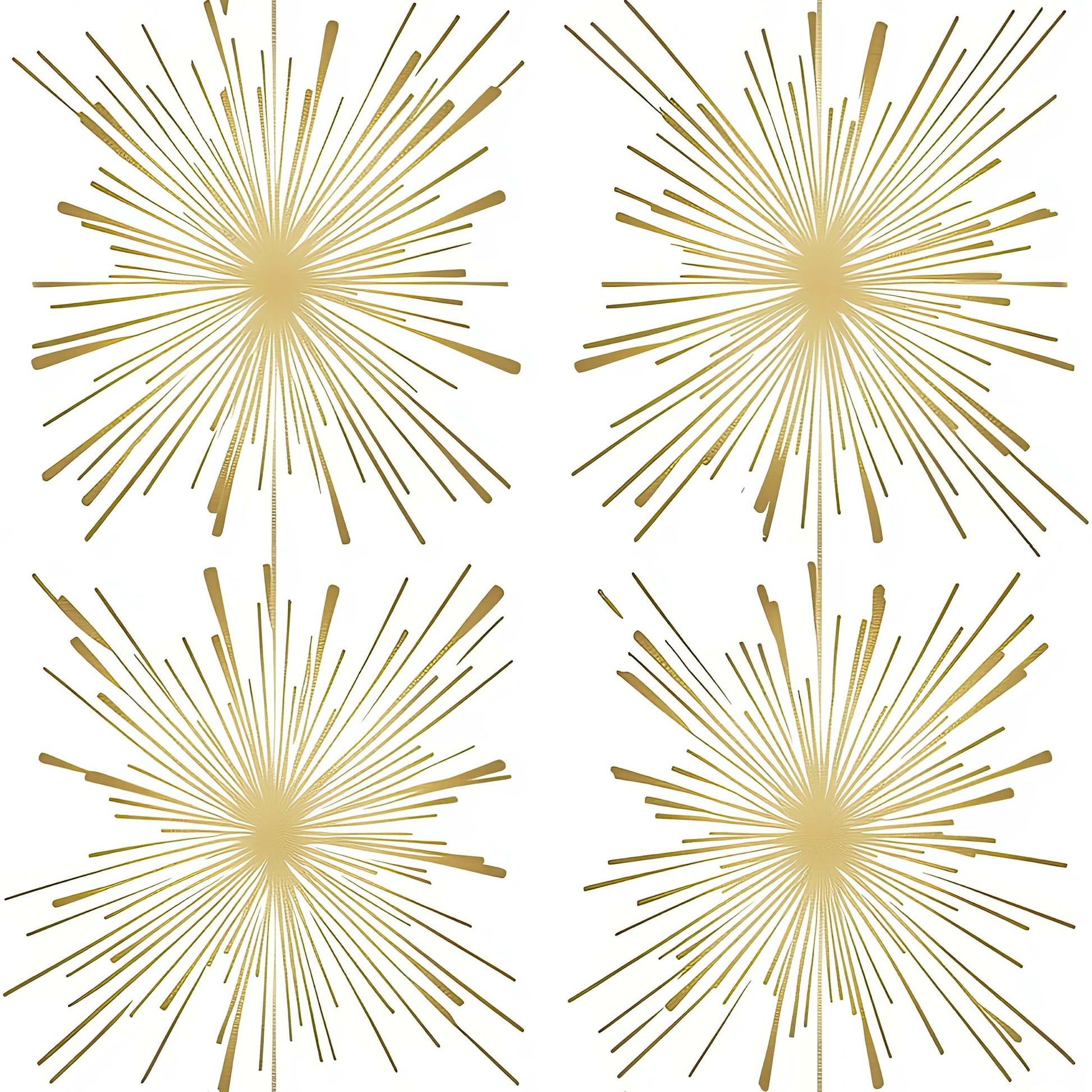 Mid-Century Modern gold fireworks wallpaper with retro starburst pattern on white background, perfect for festive decor.