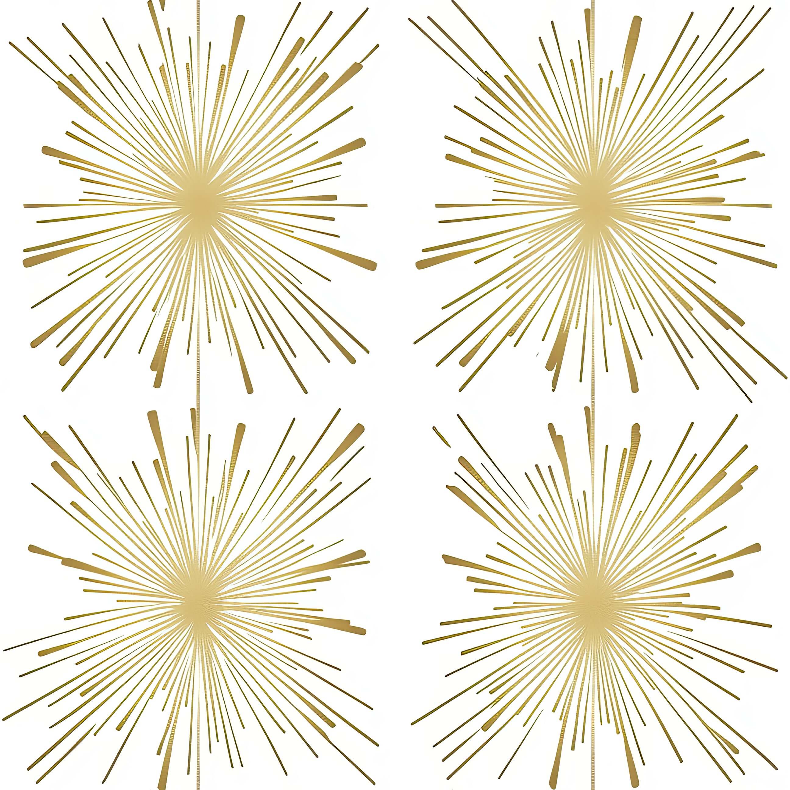 Mid-Century Modern gold fireworks wallpaper with retro starburst pattern on white background, perfect for festive decor.