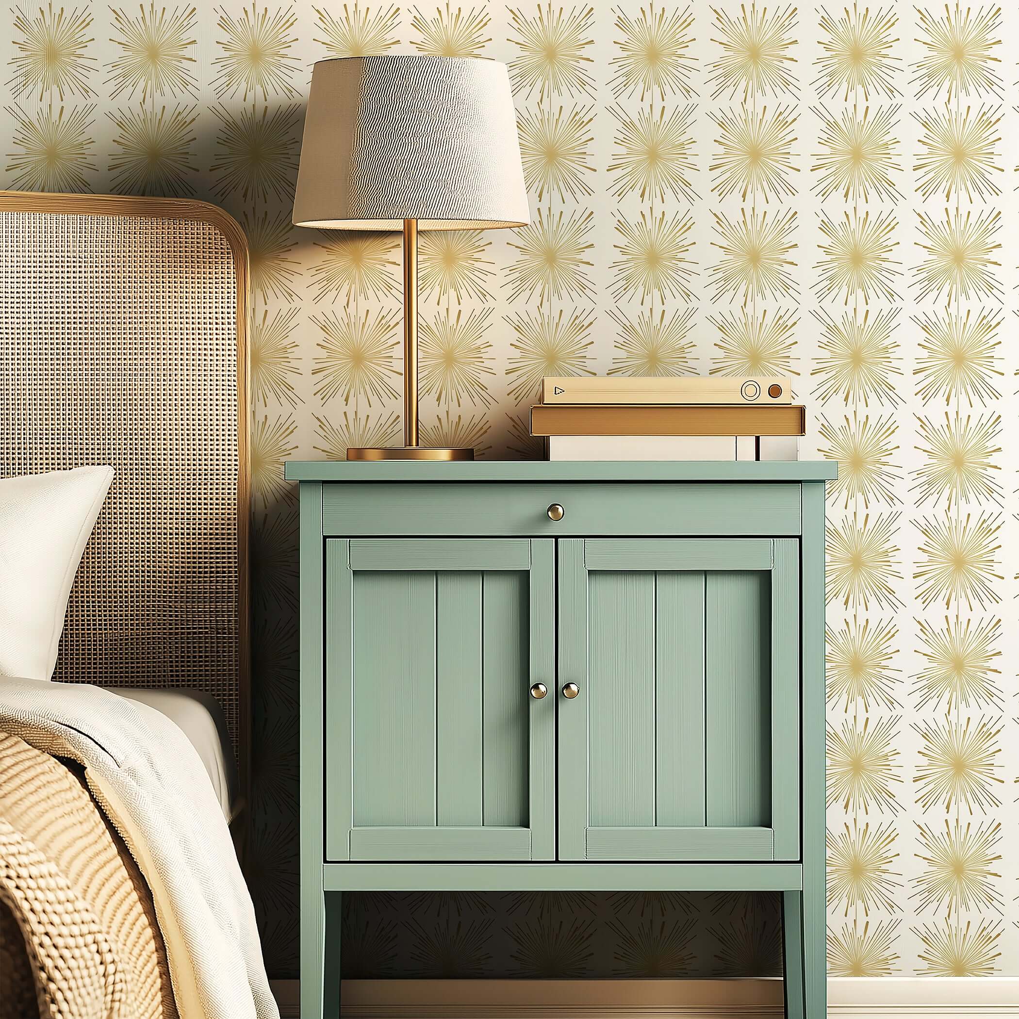 Gilded Fireworks wallpaper in a bedroom setting with gold starburst design, complementing a Mid-Century Modern green cabinet and retro decor.