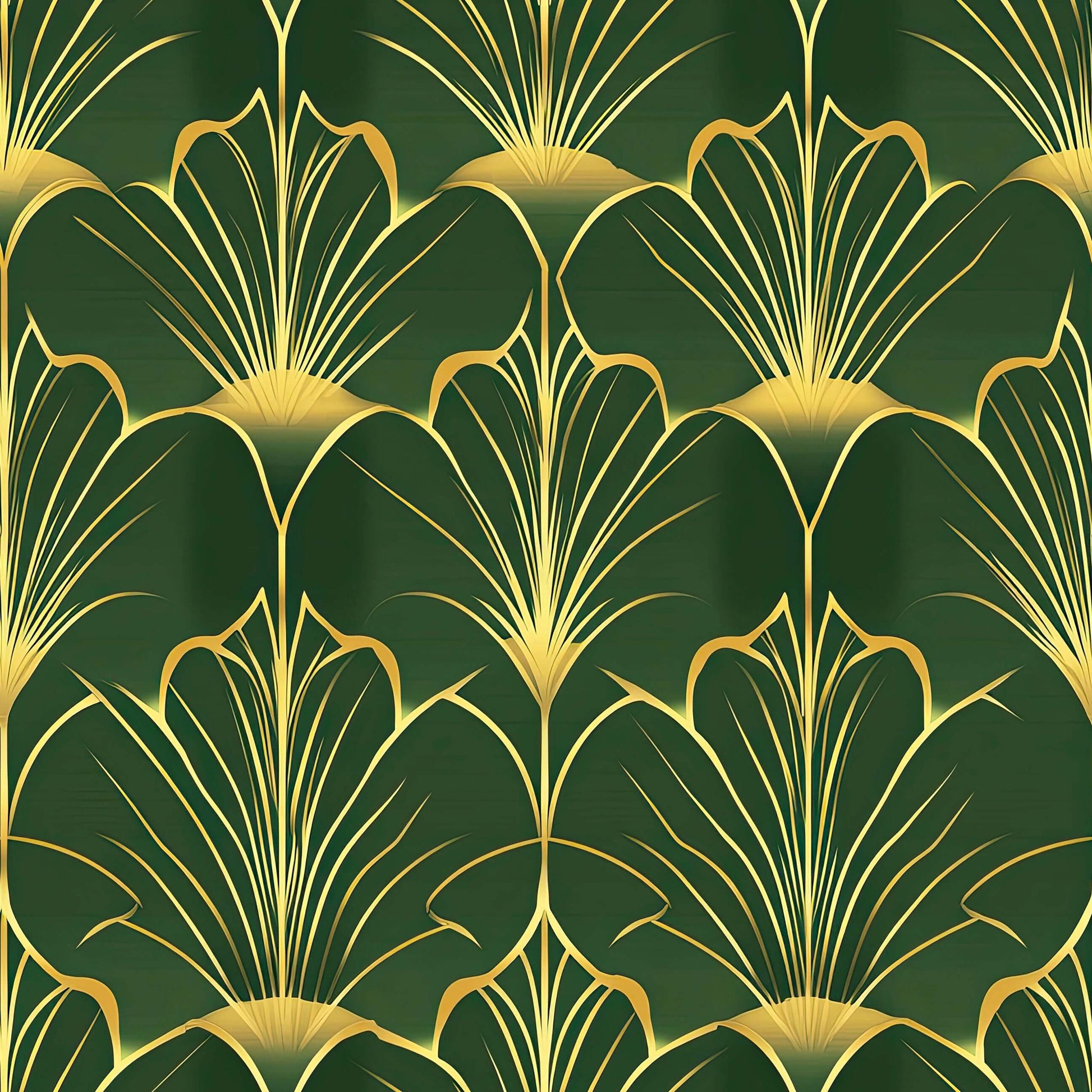 Art Deco wallpaper with gold fan motifs on emerald green, titled 'Gatsby's Garden' by Wall Artifacts. Elegant 1920s style design.