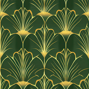 Art Deco wallpaper with gold fan motifs on emerald green, titled 'Gatsby's Garden' by Wall Artifacts. Elegant 1920s style design.