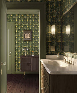 Art Deco bathroom featuring Gatsby's Garden wallpaper with gold fan motifs on emerald green, enhancing the space's luxurious elegance.