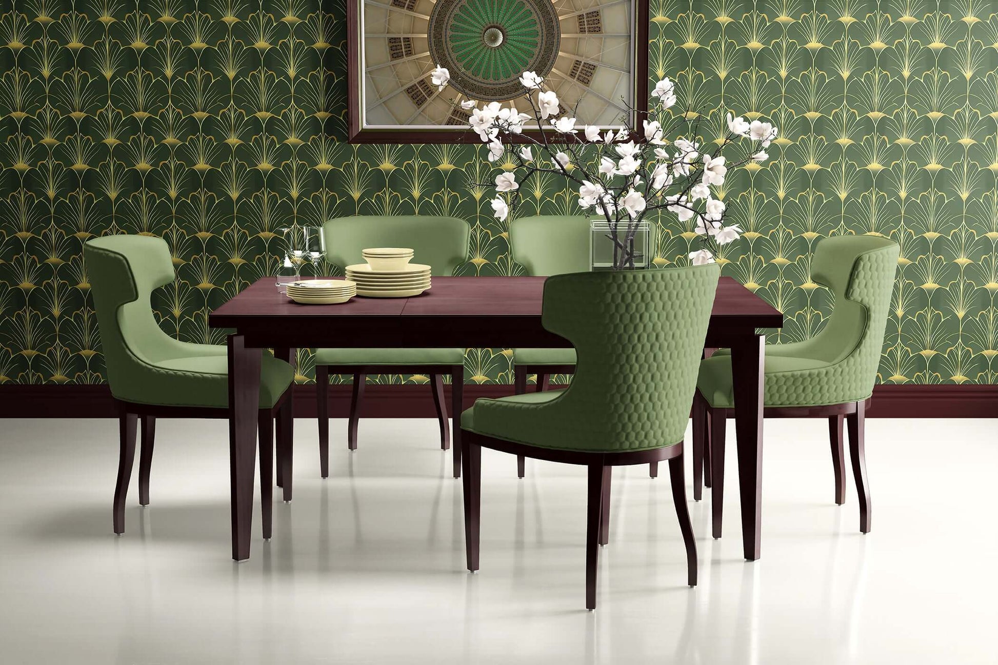 Luxurious dining room with Art Deco wallpaper featuring gold fan motifs on emerald green, enhancing elegance and style.
