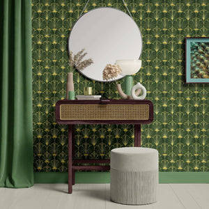 Art Deco wallpaper with gold fan motifs on emerald green backdrop, featuring a stylish vanity and green curtains, "Gatsby's Garden" style.
