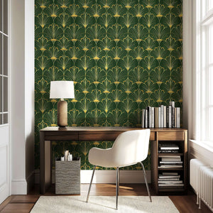 Luxury Gatsby's Garden art deco wallpaper with gold fan motifs on emerald green, perfect for dining rooms and boutique spaces.