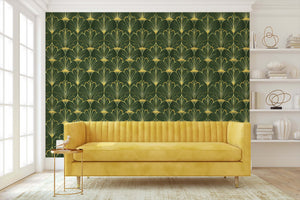 Art Deco wallpaper with gold fan motifs on emerald green, featuring Gatsby's Garden design in a modern living room.