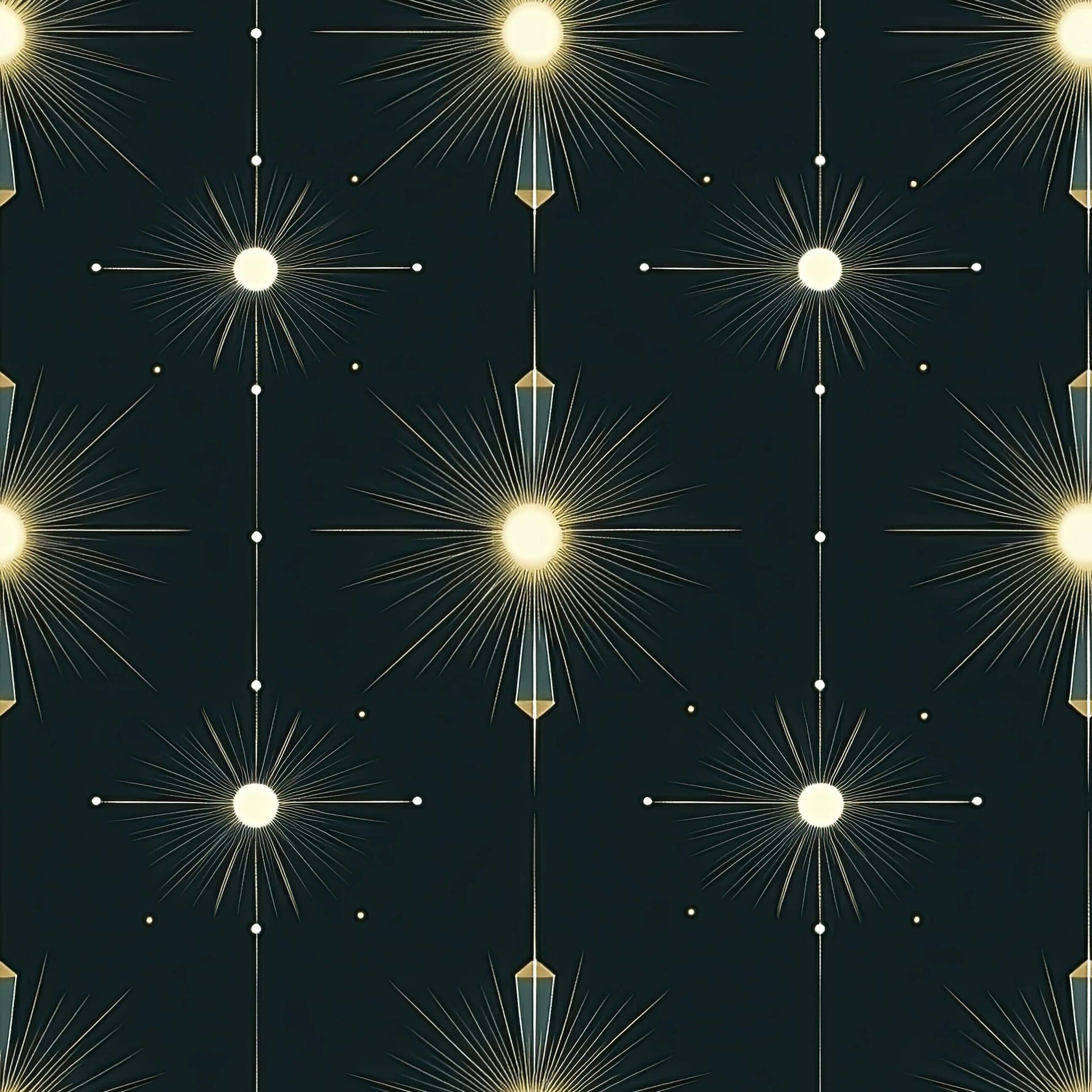 Starlight Symphony wallpaper with Art Deco starburst design in gold and midnight shades, perfect for accent walls.