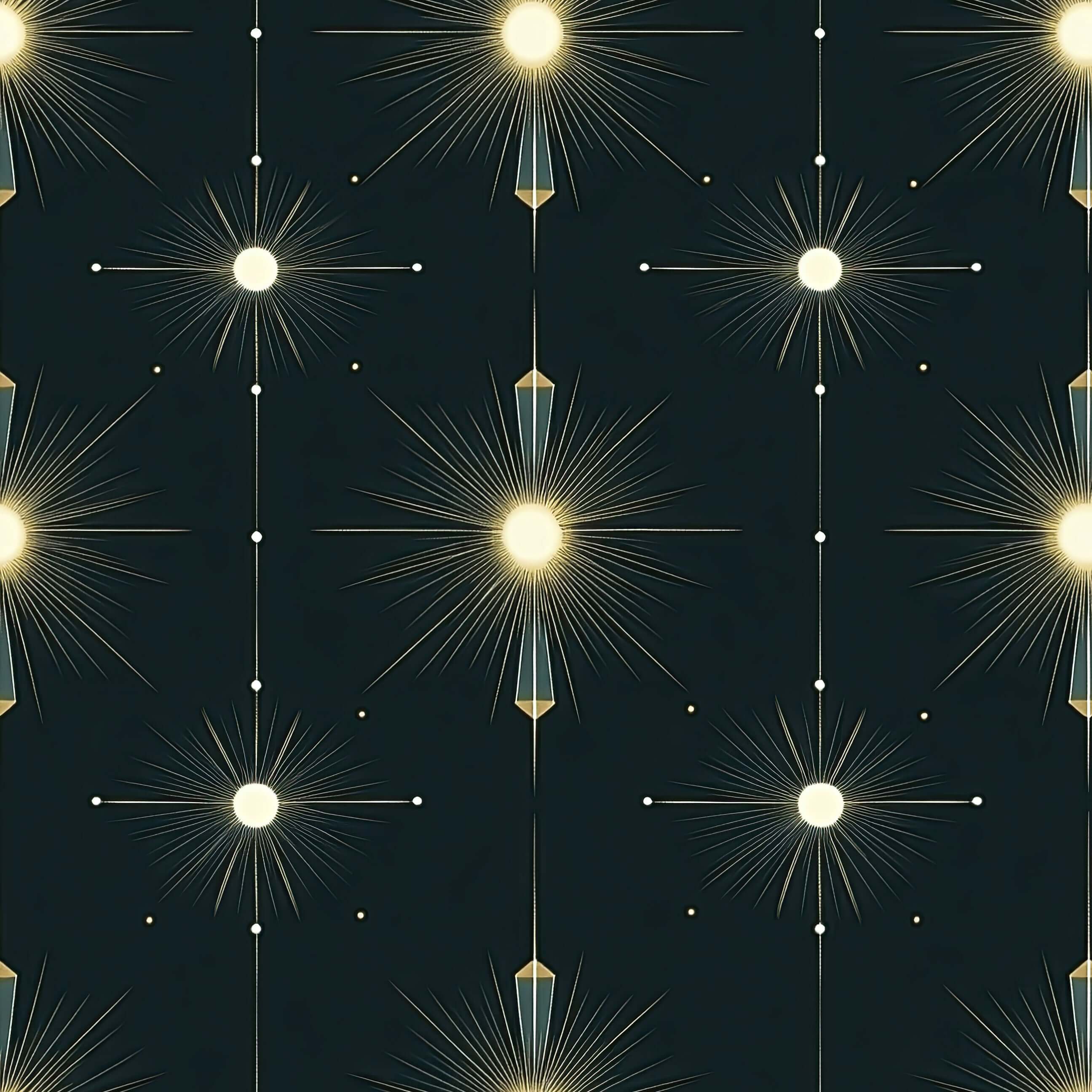 Starlight Symphony wallpaper with Art Deco starburst design in gold and midnight shades, perfect for accent walls.