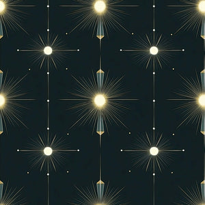Starlight Symphony wallpaper with Art Deco starburst design in gold and midnight shades, perfect for accent walls.