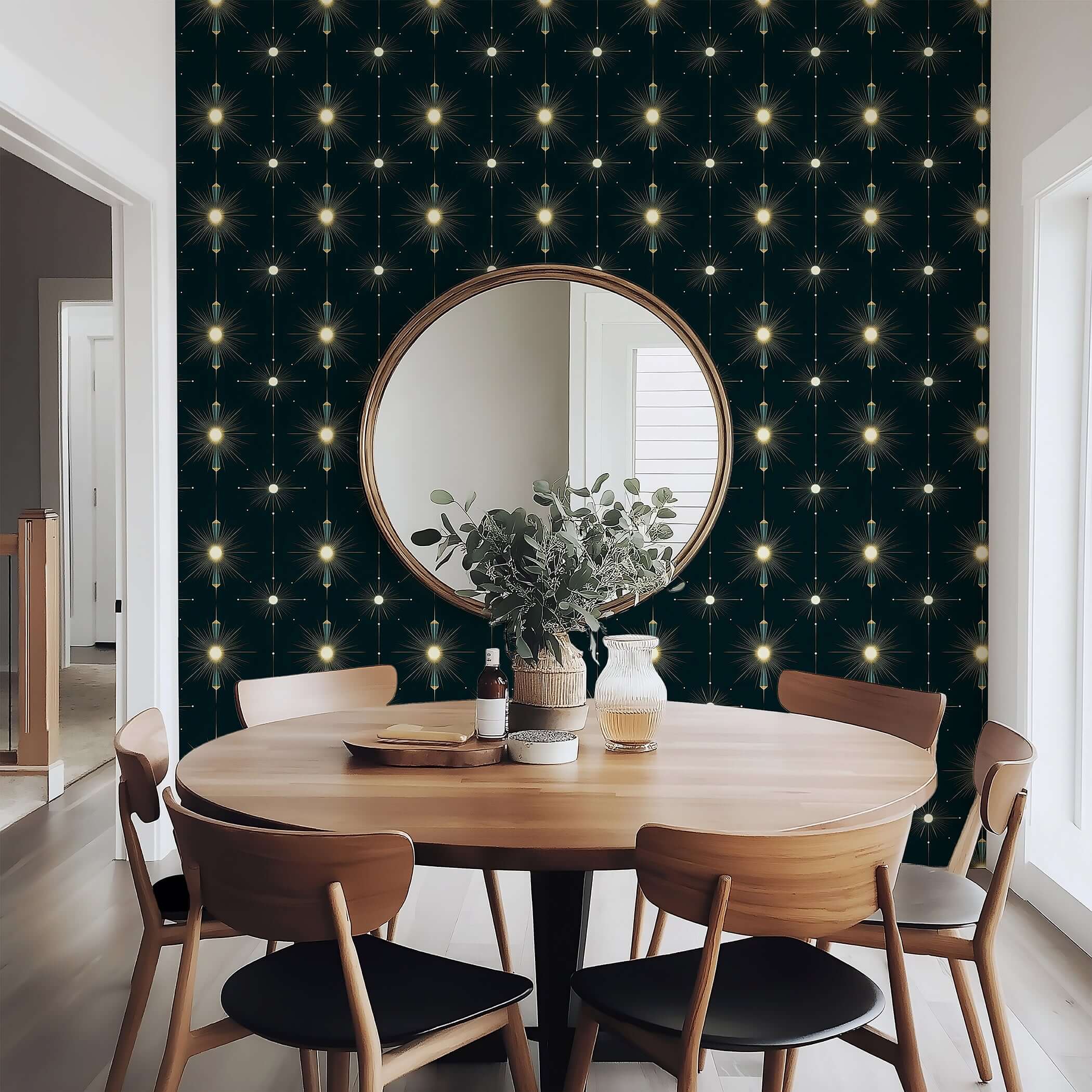 Art Deco Starlight Symphony wallpaper with starburst motifs, enhancing a dining room's elegance with gold tones against midnight shades.