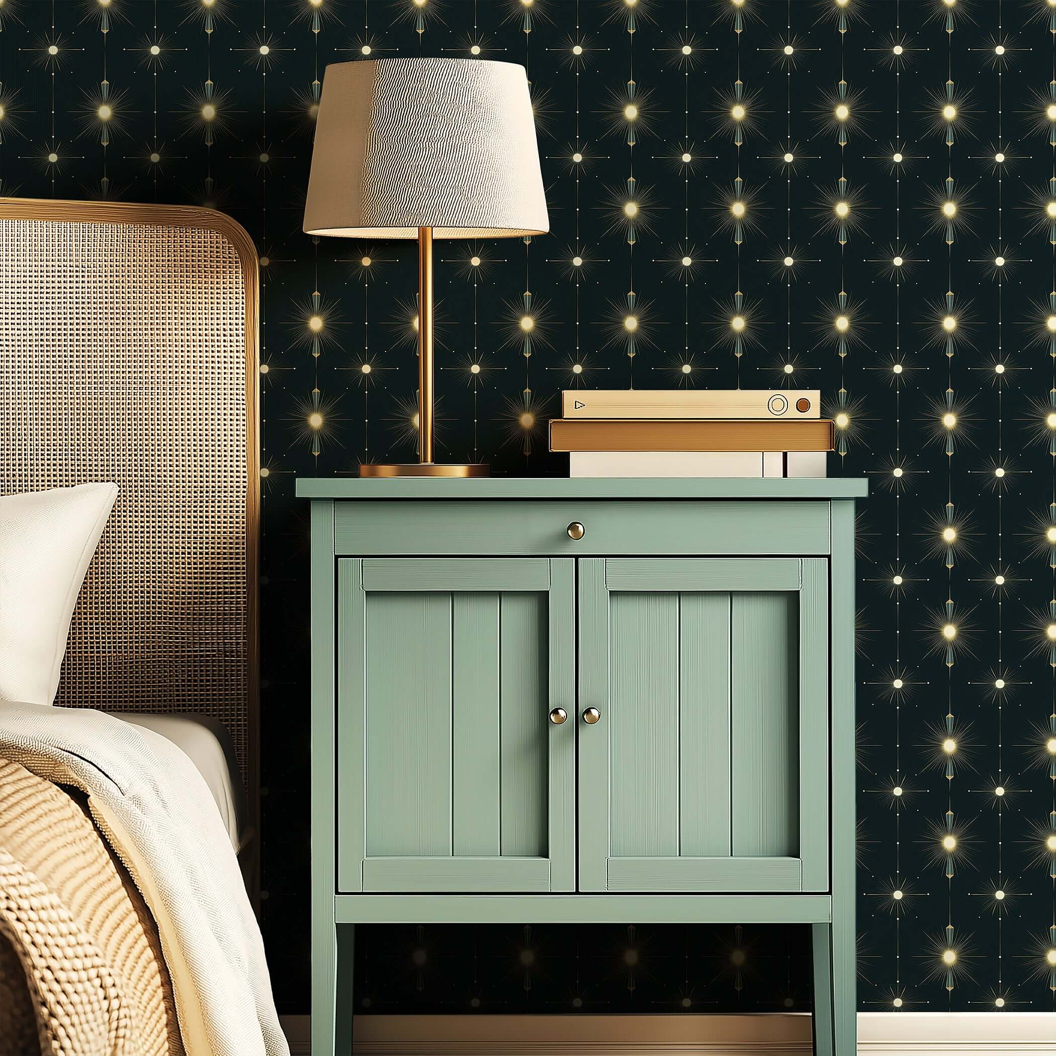 Art Deco Starlight Symphony wallpaper with starburst motifs in soft gold and midnight tones, enhancing a stylish modern bedroom.