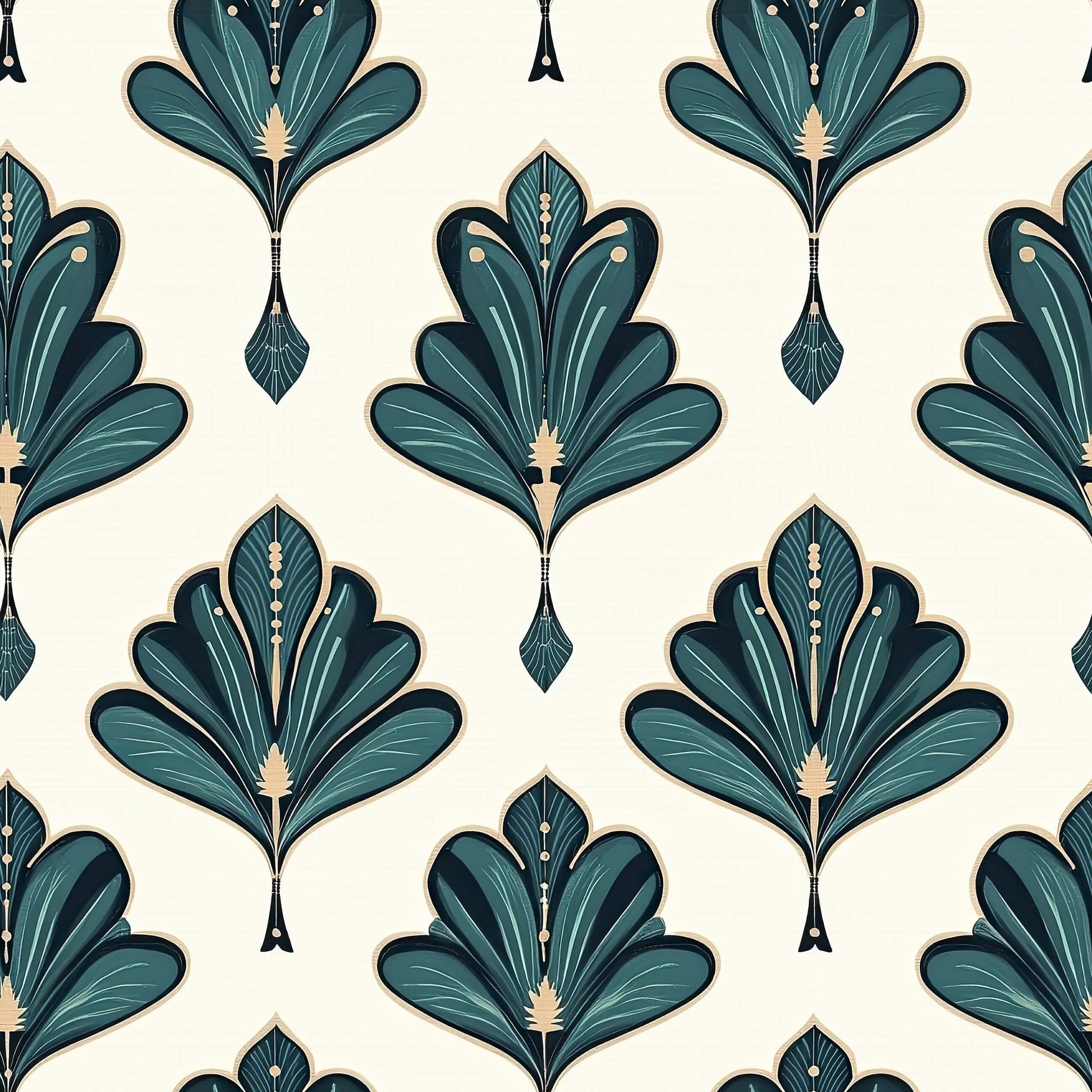 1920s Art Deco wallpaper with emerald green and gold fan-like leaf pattern, ideal for luxurious interiors.