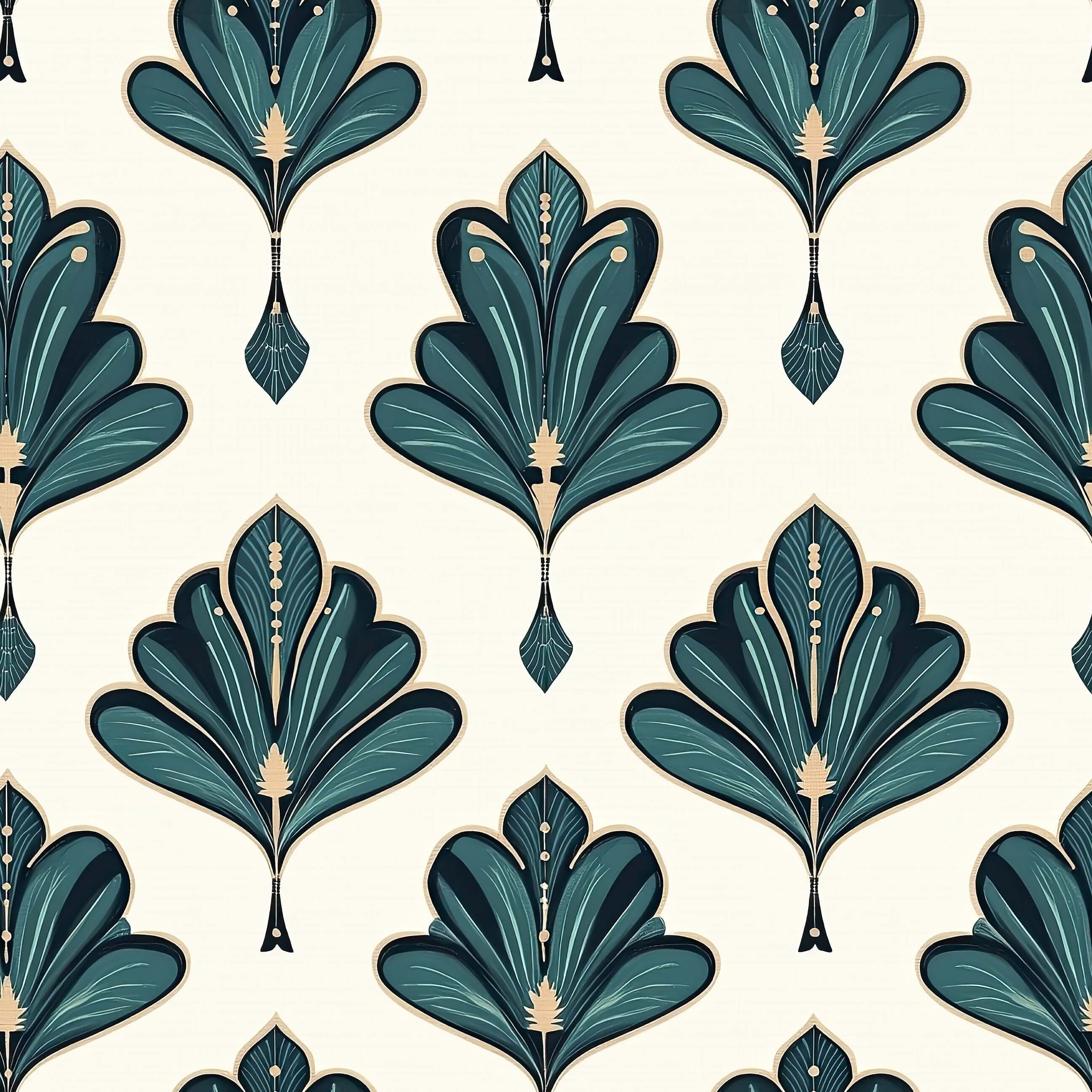 1920s Art Deco wallpaper with emerald green and gold fan-like leaf pattern, ideal for luxurious interiors.