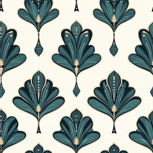 1920s Art Deco wallpaper with emerald green and gold fan-like leaf pattern, ideal for luxurious interiors.