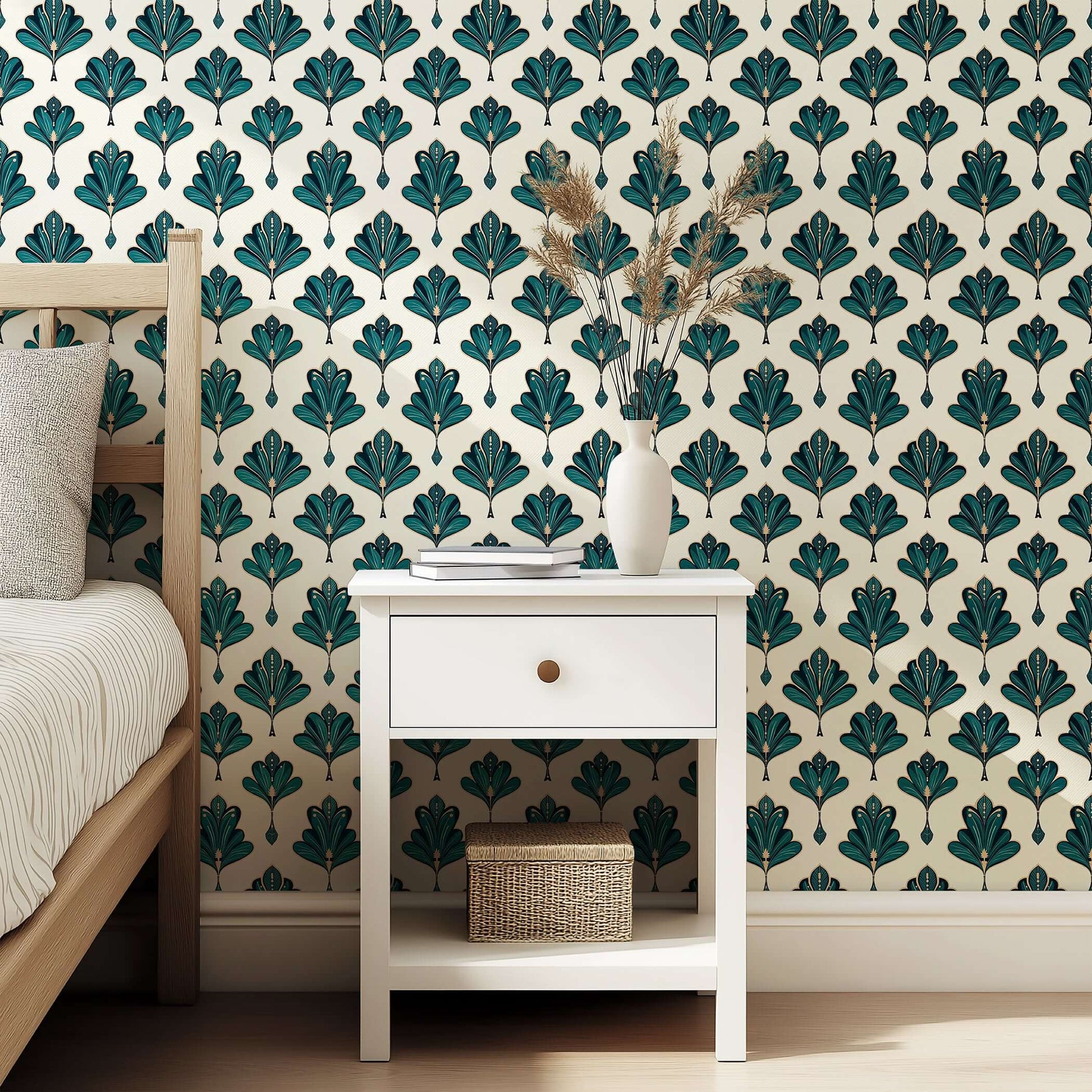 Alt Tag: Bedroom with 1920's Art Deco emerald and gold wallpaper featuring a vintage leaf pattern, styled with a white nightstand and decor.