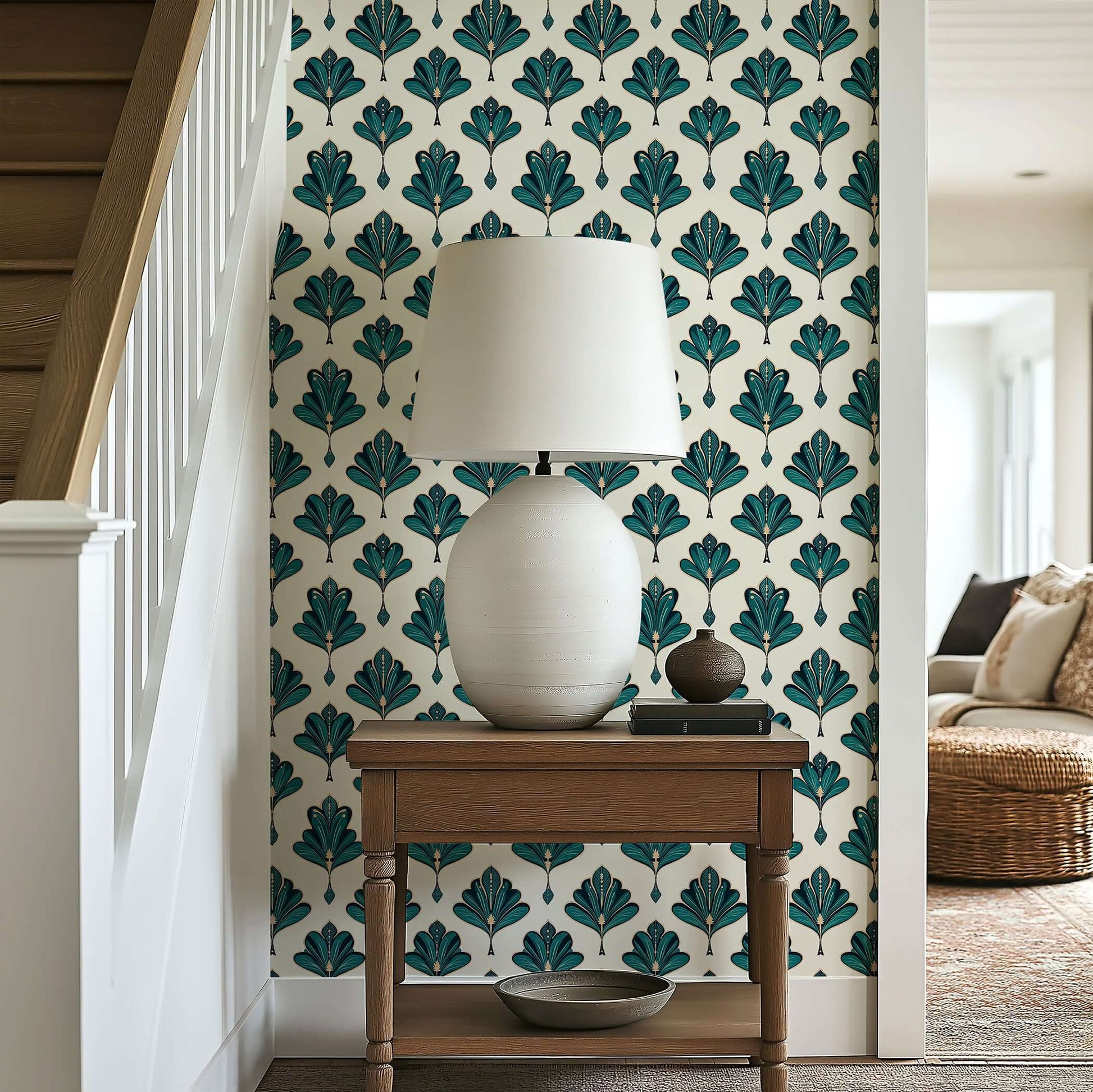 Art Deco wallpaper with emerald green fan leaf pattern in a modern hallway.