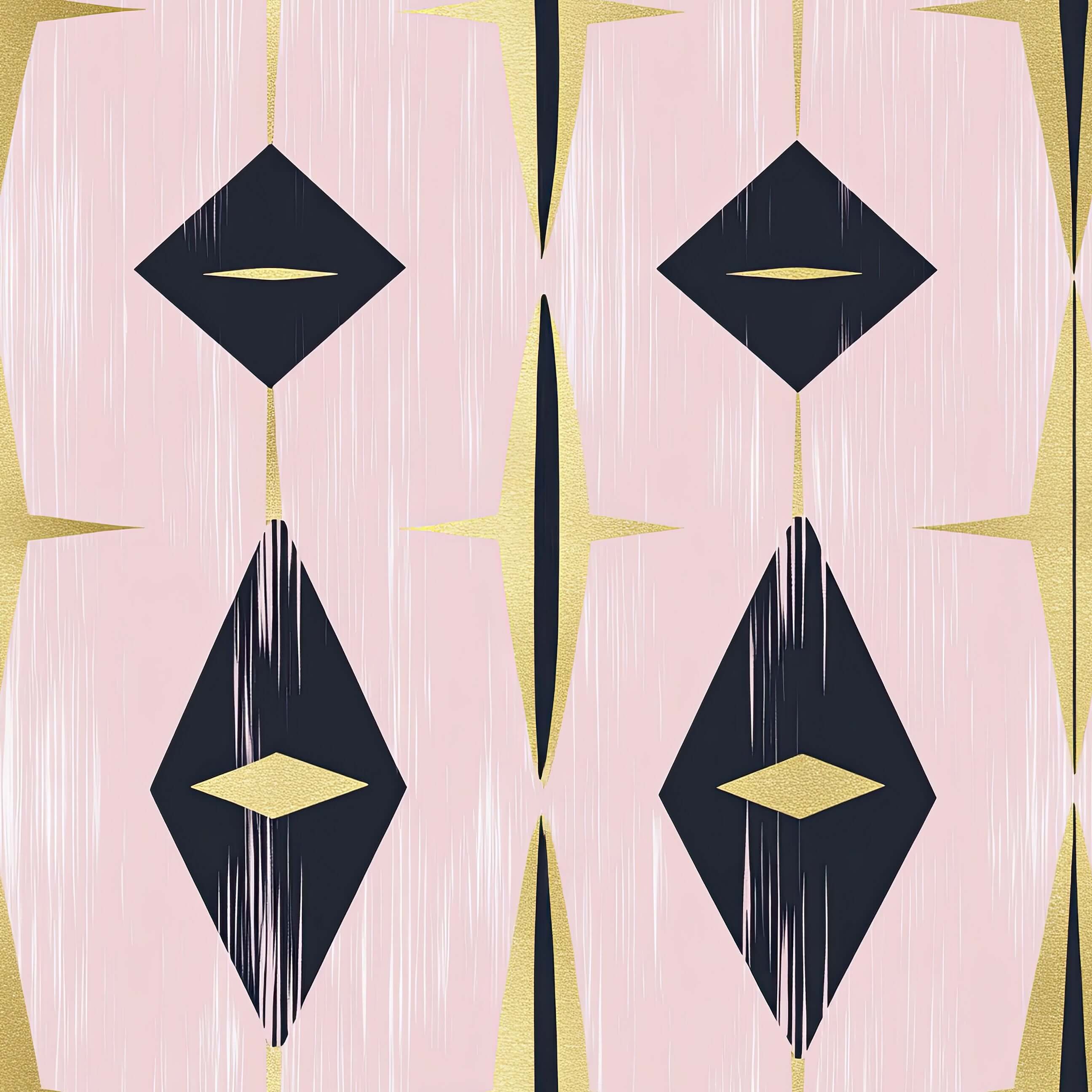 Mid-Century Modern Retro wallpaper with geometric black diamonds, blush pink, metallic gold accents. Stylish vintage wall decor.