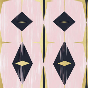 Mid-Century Modern Retro wallpaper with geometric black diamonds, blush pink, metallic gold accents. Stylish vintage wall decor.