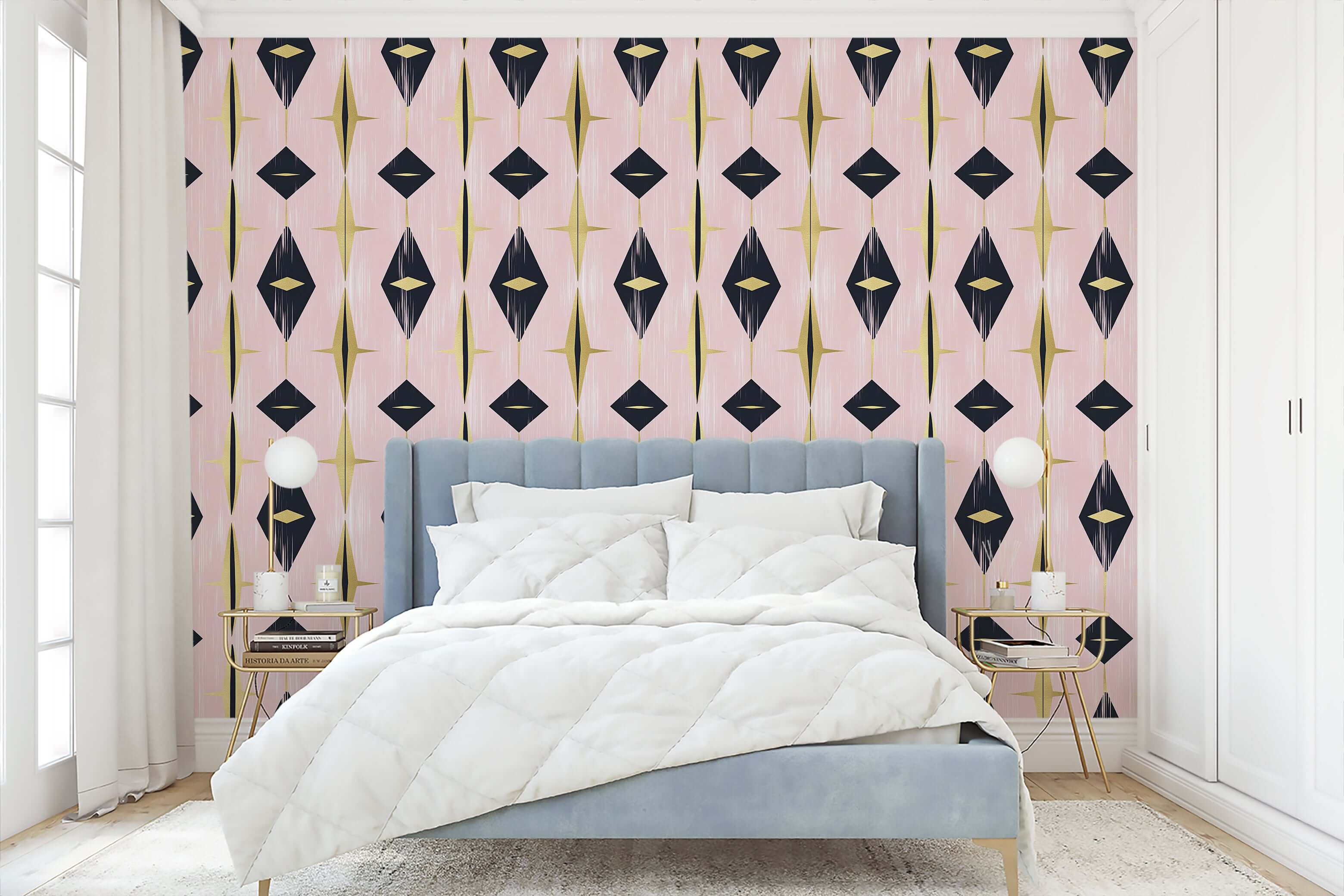 Mid-Century Modern retro wallpaper with geometric black, gold, and pink diamonds in a stylish bedroom setting.