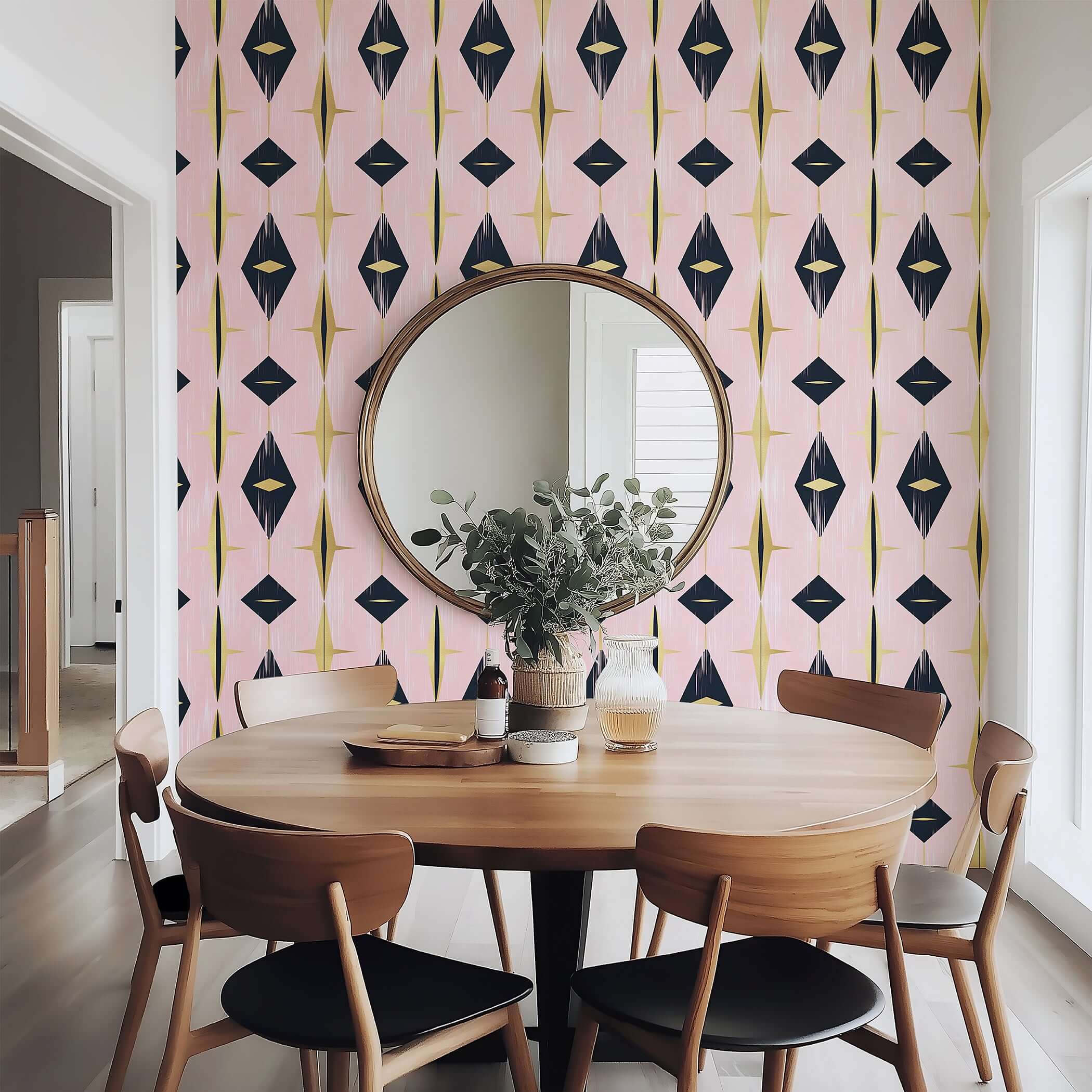 Dining area with Mid-Century Modern wallpaper featuring geometric diamonds in black, gold, and pink, enhancing retro decor.