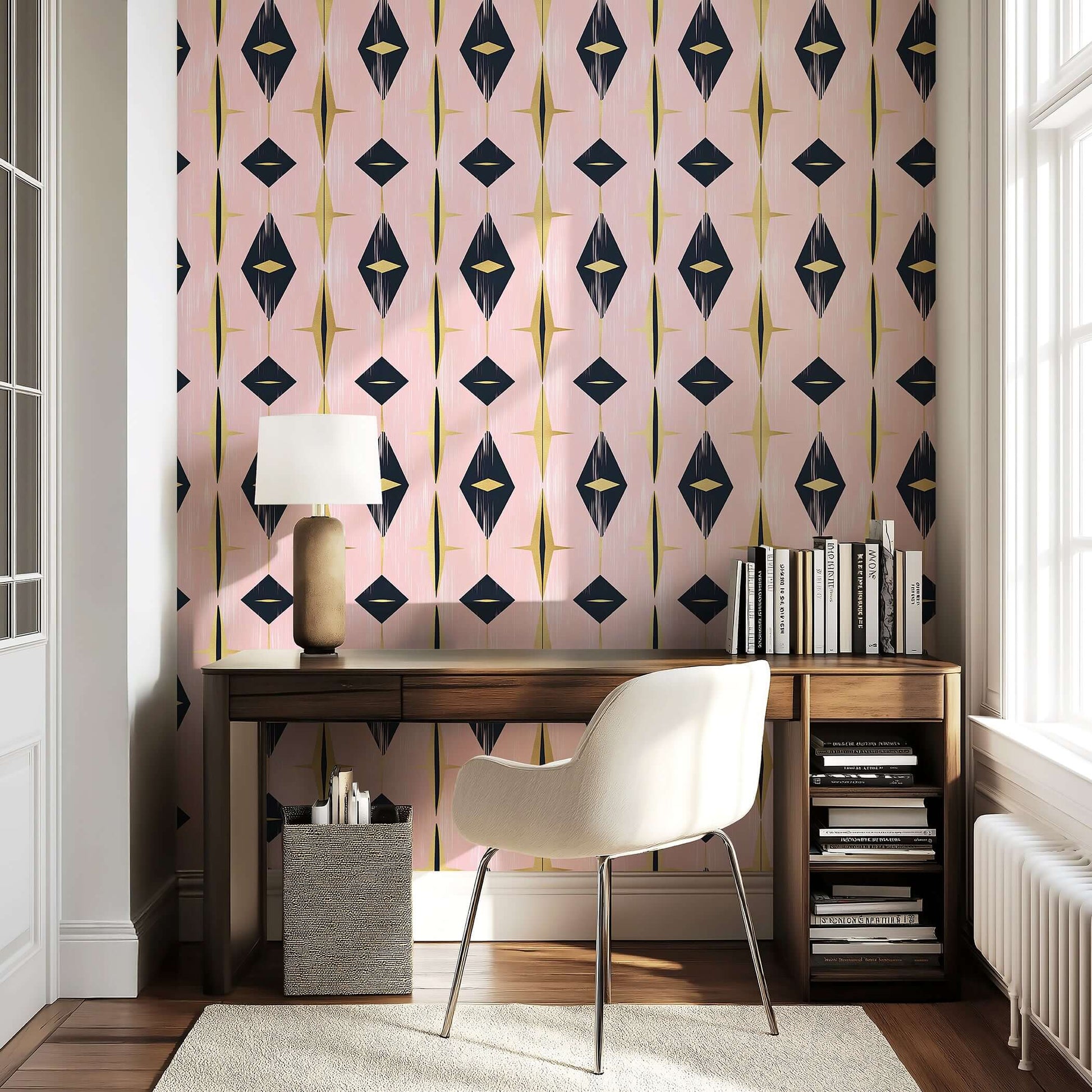 Mid-Century Modern wallpaper with geometric diamonds in black, gold, and pink tones for a retro, stylish interior design.