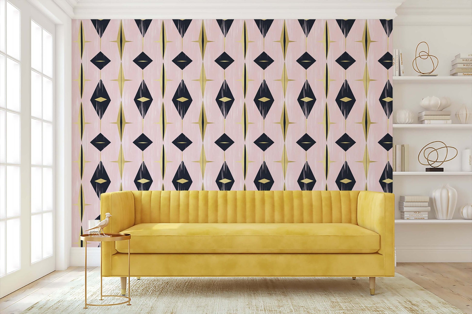 Mid-Century Modern Retro wallpaper with black, gold, and pink geometric diamond design, styled in a chic living room space.