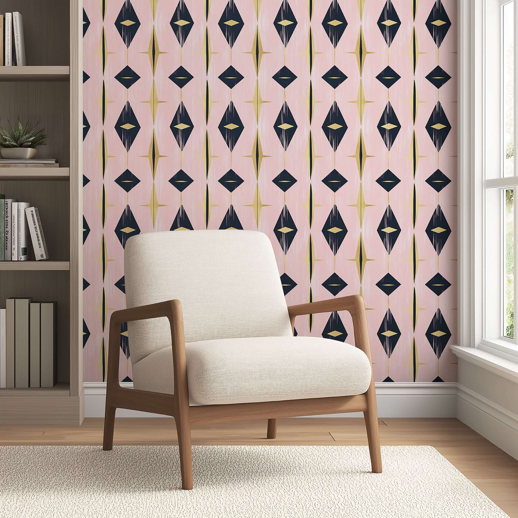 Mid-Century Modern wallpaper with geometric diamonds in black, gold, and blush pink. Perfect for retro and eclectic interiors.