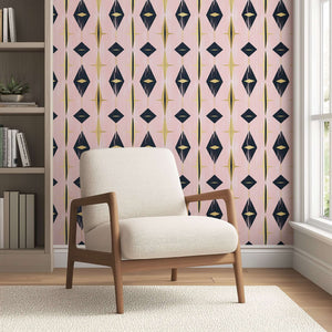 Mid-Century Modern wallpaper with geometric diamonds in black, gold, and blush pink. Perfect for retro and eclectic interiors.