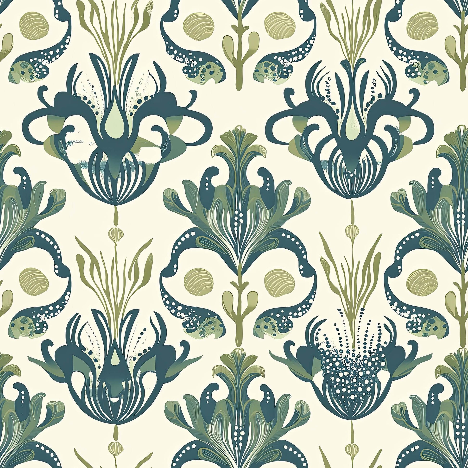 Deep Sea Splendor Wallpaper with vintage damask patterns of sea flora and octopus in oceanic greens, ideal for coastal interiors.