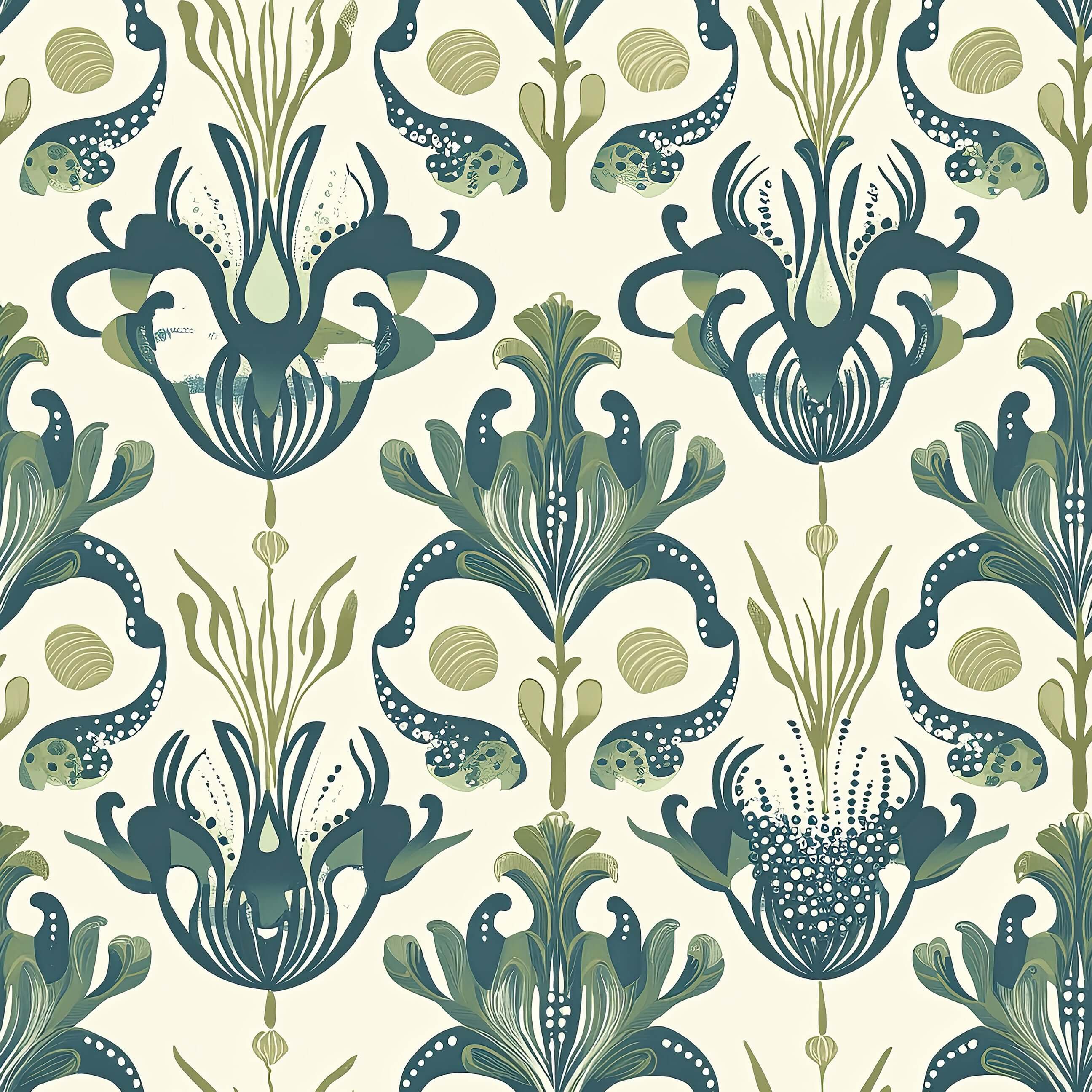 Deep Sea Splendor Wallpaper with vintage damask patterns of sea flora and octopus in oceanic greens, ideal for coastal interiors.