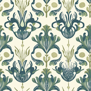 Deep Sea Splendor Wallpaper with vintage damask patterns of sea flora and octopus in oceanic greens, ideal for coastal interiors.