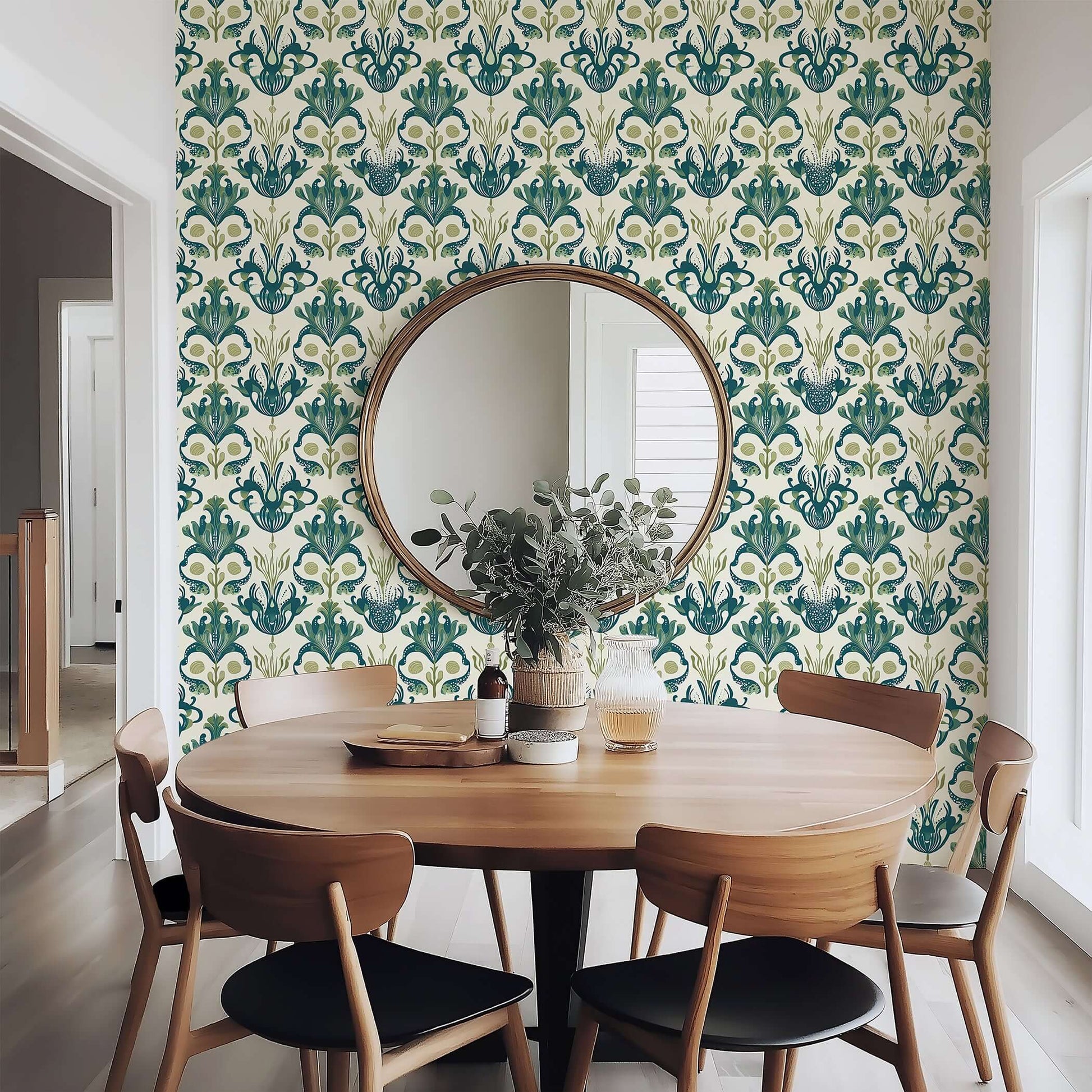 Room with Deep Sea Splendor wallpaper, featuring octopus-inspired damask patterns and coastal design elements for a marine vintage look.