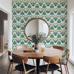Room with Deep Sea Splendor wallpaper, featuring octopus-inspired damask patterns and coastal design elements for a marine vintage look.