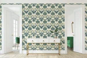 Deep Sea Splendor wallpaper with octopus damask pattern, marine vintage design in oceanic greens for coastal interiors.